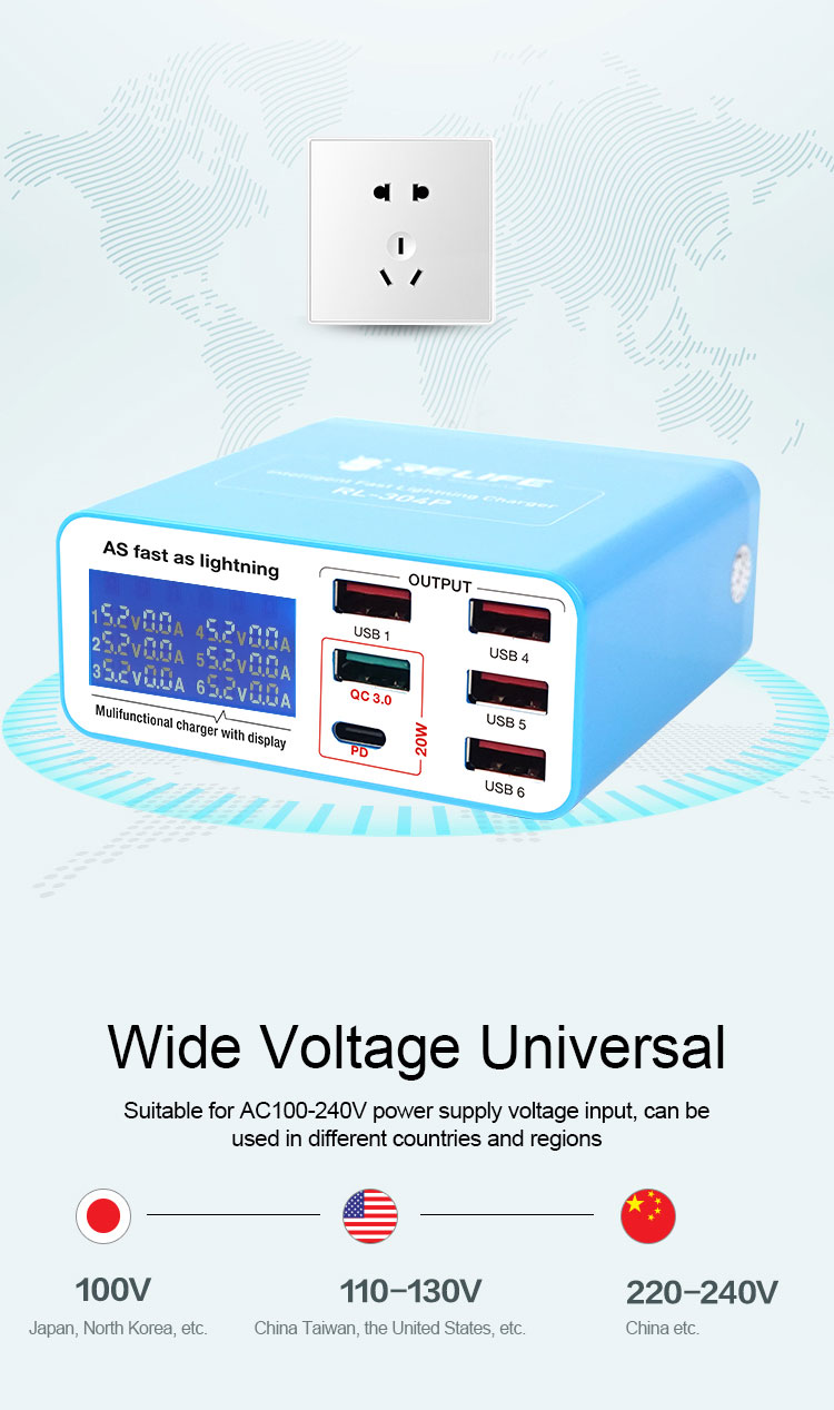 Relife RL-304P Smart 6-port USB Charger Digital Display Lightning For Charging All Mobile Phones & Tablet Support PD3.0+QC3.0