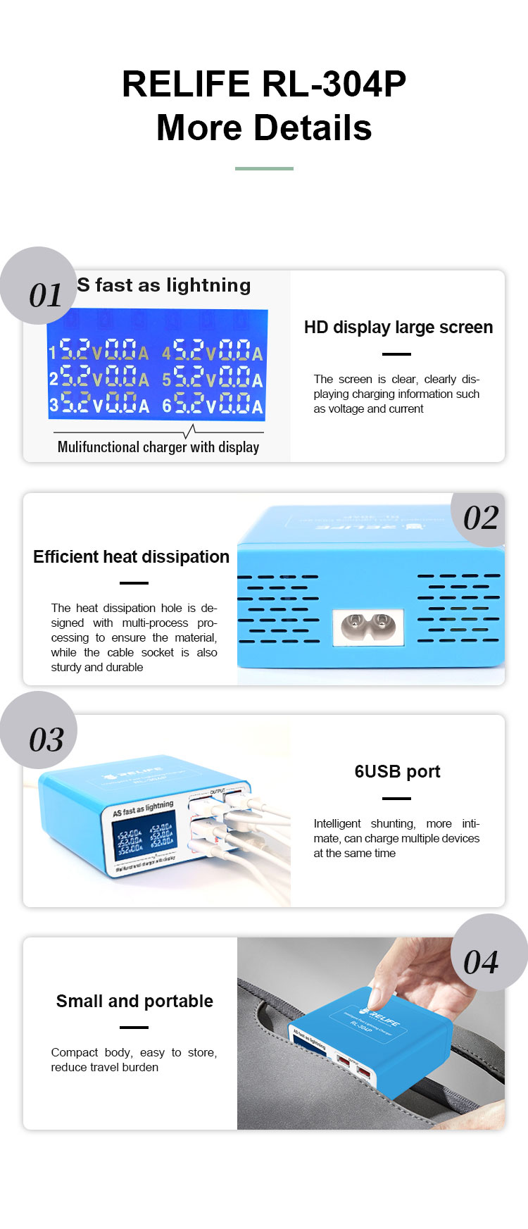 Relife RL-304P Smart 6-port USB Charger Digital Display Lightning For Charging All Mobile Phones & Tablet Support PD3.0+QC3.0