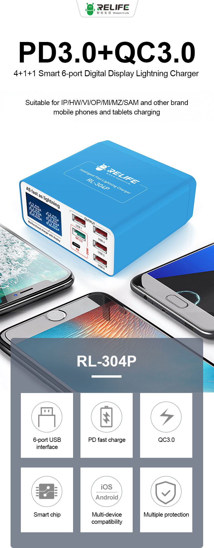 Relife RL-304P Smart 6-port USB Charger Digital Display Lightning For Charging All Mobile Phones & Tablet Support PD3.0+QC3.0