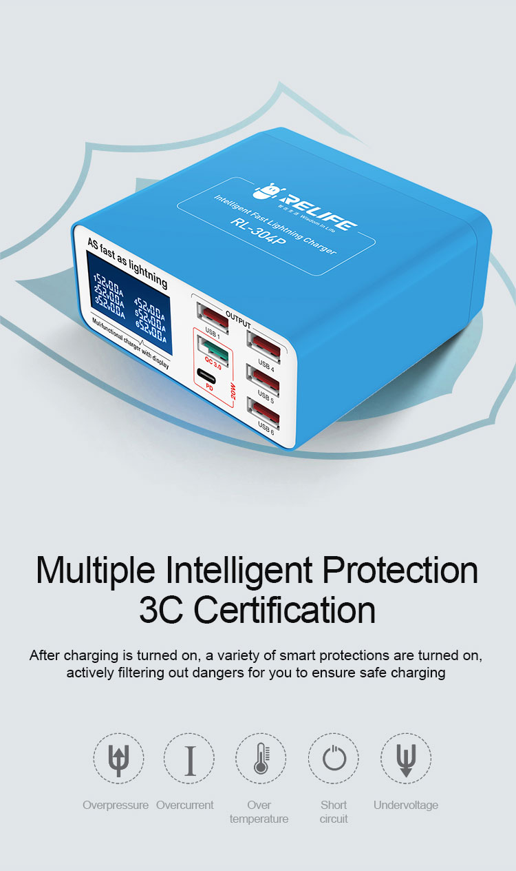 Relife RL-304P Smart 6-port USB Charger Digital Display Lightning For Charging All Mobile Phones & Tablet Support PD3.0+QC3.0