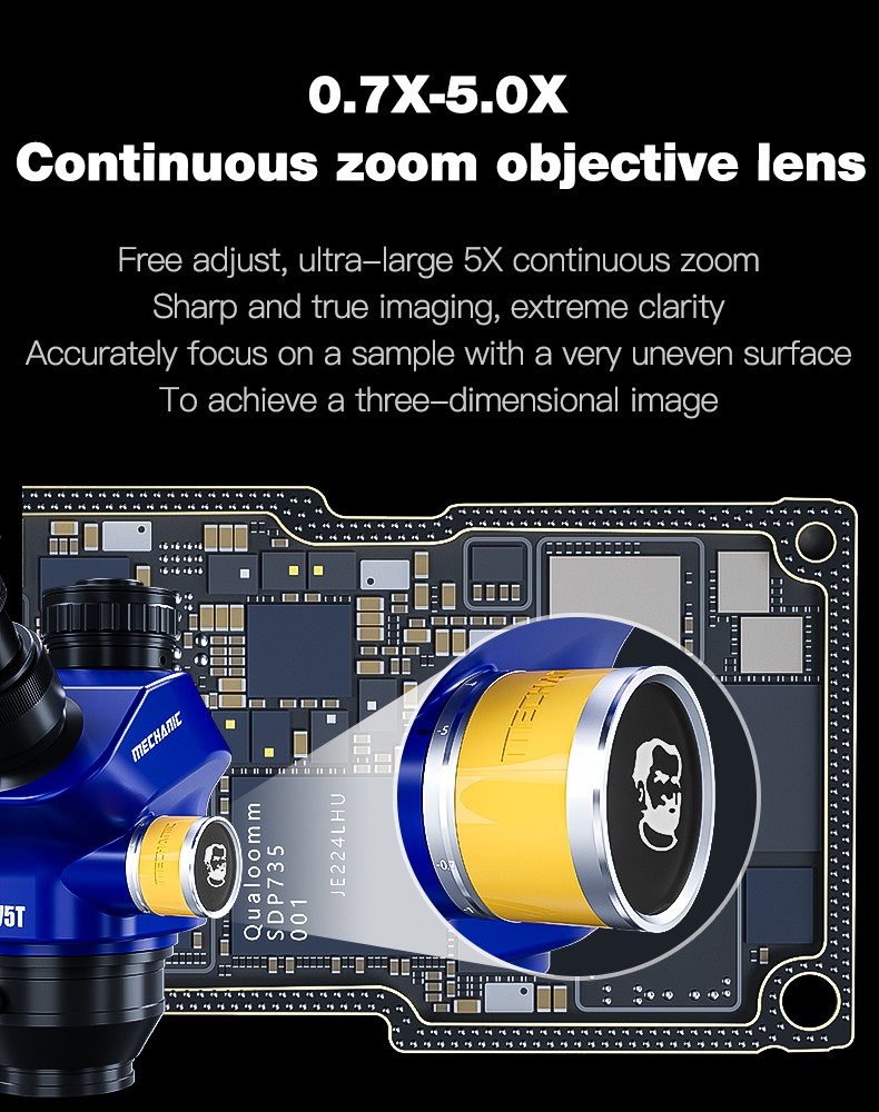 Mechanic D75T-B11 Trinocular Stereo Microscope 0.7-5.0X With Continuous Zoom - New Updated