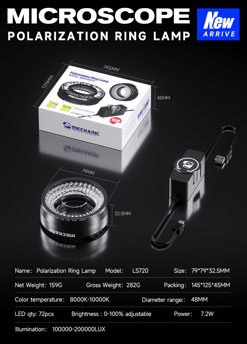 Mechanic LS720 Ultra High Lumen Adjustable Microscope Polarization Ring Lamp for Remover Glare