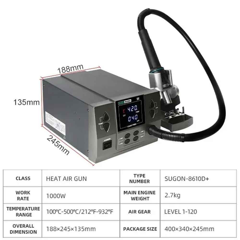 Sugon 8610D+ 1000W High Power Heat Gun Digital Display Desoldering Rework Station
