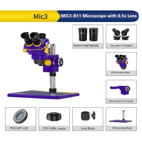 Mechanic Mic3 Trinocular Stereo Microscope with B-11 Big Base (Blue)