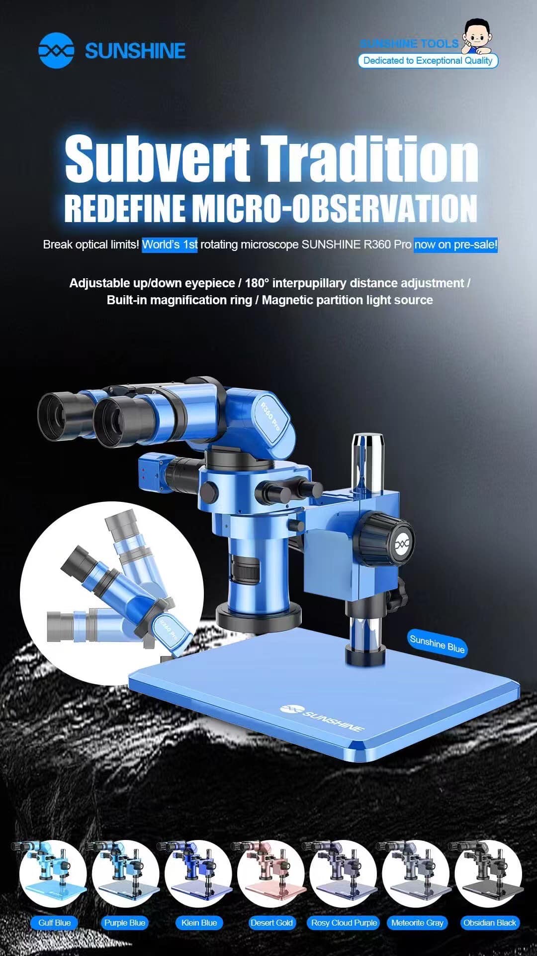 Sunshine R360 Pro Microscope with 4K Camera & Magnetic LED Light