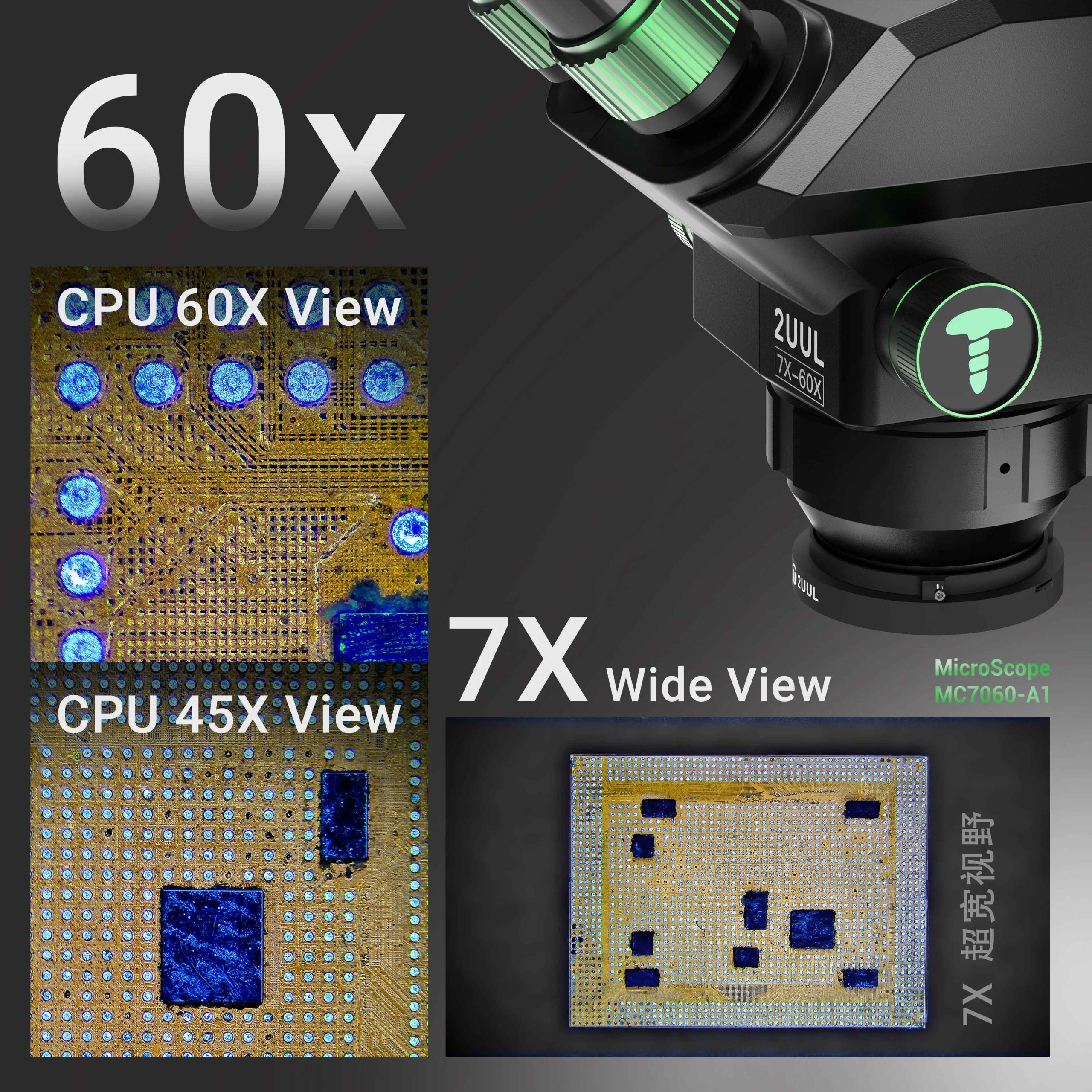 2UUL MC7060-A1 7–60X Trinocular Stereo Zoom Microscope