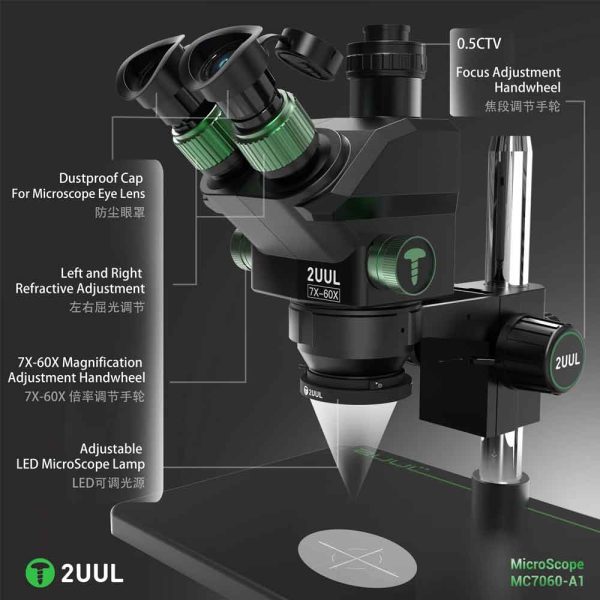 2UUL MC7060-A1 7–60X Trinocular Stereo Zoom Microscope